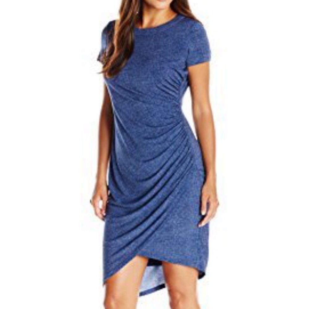 London Times 4 Round Neck Asymmetrical Jersey Sheath Dress Denim Like Print